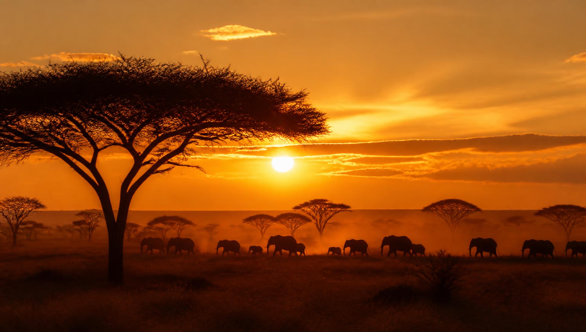 Elephants at golden hour on the African savanna