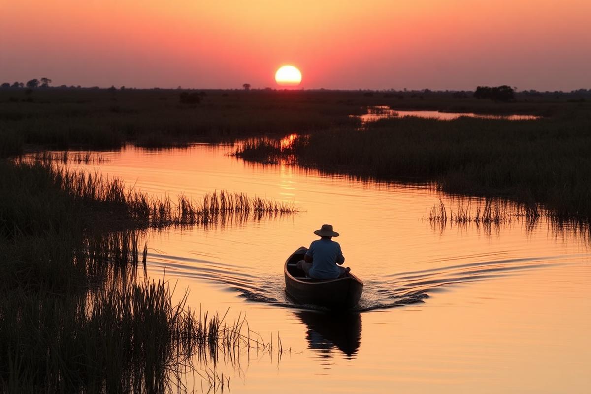 Mokoro canoe gliding through the Okavango Delta